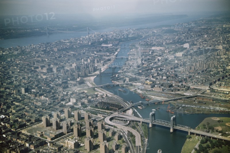 High Angle View of Queens, Bronx and Manhattan, East River and Hudson River, New York City, New York, USA, August 1959