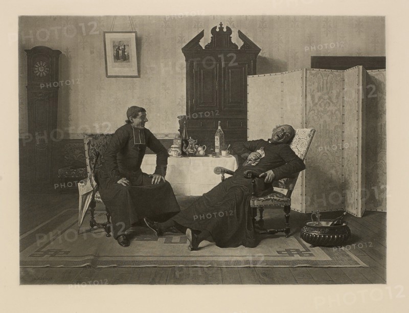 A Good Story, Un Bonne Histoire, Woodcut Engraving from the Original Painting by Leo Hermann, The Masterpieces of French Art by Louis Viardot, Published by Gravure Goupil et Cie, Paris, 1882, Gebbie & Co., Philadelphia, 1883