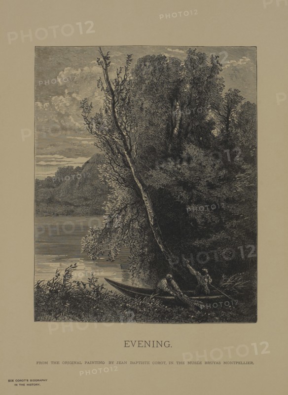 Evening, Woodcut Engraving from the Original Painting by Jean Baptiste Corot, The Masterpieces of French Art by Louis Viardot, Published by Gravure Goupil et Cie, Paris, 1882, Gebbie & Co., Philadelphia, 1883