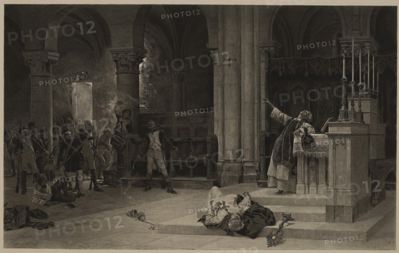 Episode in the Siege of Saragossa, Peninsular War, 1808-09, French Soldiers enter Church 1809, Photogravure Print from the Original 1881 Painting by Jules Girardet, The Masterpieces of French Art by Louis Viardot, Published by Gravure Goupil et Cie, Paris, 1882, Gebbie & Co., Philadelphia, 1883