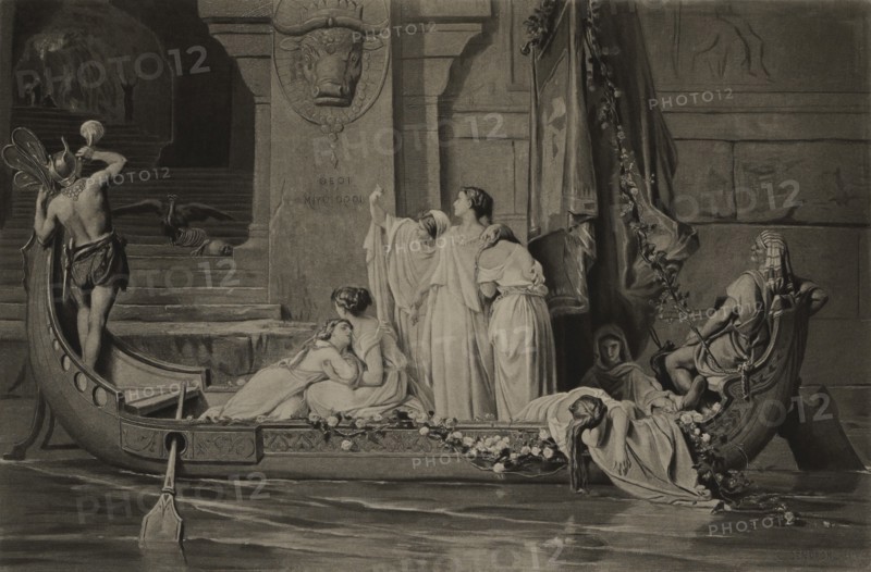 The Tribute to the Minotaur, Woodcut Engraving from the Original Painting by Auguste Gendron, The Masterpieces of French Art by Louis Viardot, Published by Gravure Goupil et Cie, Paris, 1882, Gebbie & Co., Philadelphia, 1883