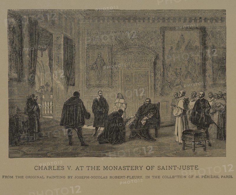 Charles V at the Monastery of Saint-Juste, Woodcut Engraving from the Original 1856 Painting by Joseph-Nicolas Robert-Fleury, The Masterpieces of French Art by Louis Viardot, Published by Gravure Goupil et Cie, Paris, 1882, Gebbie & Co., Philadelphia, 1883