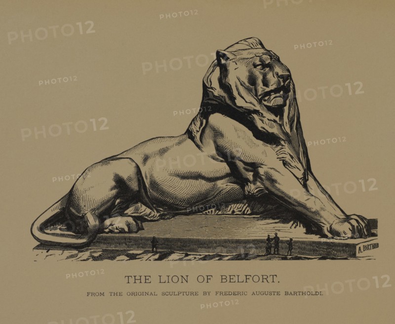 The lion of Belfort, Woodcut Engraving from the Original 1880 Sculpture by Frédéric Auguste Bartholdi, The Masterpieces of French Art by Louis Viardot, Published by Gravure Goupil et Cie, Paris, 1882, Gebbie & Co., Philadelphia, 1883