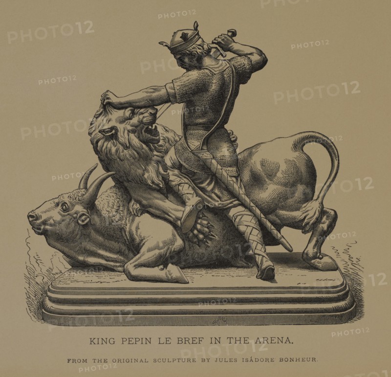 King Pepin Le Bref in the Arena, Woodcut Engraving from the Original Sculpture by Isidore Jules Bonheur The Masterpieces of French Art by Louis Viardot, Published by Gravure Goupil et Cie, Paris, 1882, Gebbie & Co., Philadelphia, 1883