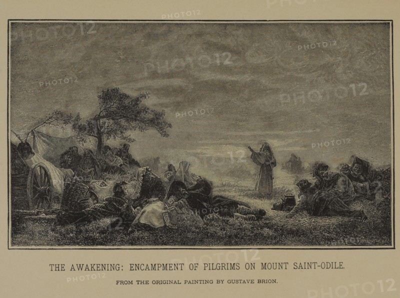 The Awakening: Encampment of Pilgrims on Mount Saint-Odile, Woodcut Engraving from the Original Painting by Gustave Brion, The Masterpieces of French Art by Louis Viardot, Published by Gravure Goupil et Cie, Paris, 1882, Gebbie & Co., Philadelphia, 1883
