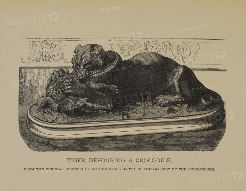 Tiger Devouring a Crocodile, Woodcut Engraving of the Original 1831 Bronze Sculpture by Antoine-Louis Barye, The Masterpieces of French Art by Louis Viardot, Published by Gravure Goupil et Cie, Paris, 1882, Gebbie & Co., Philadelphia, 1883