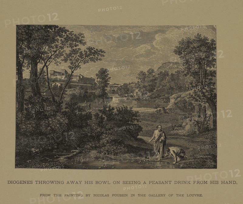 Diogenes Throwing Away his Bowl on Seeing a Peasant Drink from his Hand, Woodcut Engraving from the Original Painting by Nicolas Poussin, The Masterpieces of French Art by Louis Viardot, Published by Gravure Goupil et Cie, Paris, 1882, Gebbie & Co., Philadelphia, 1883