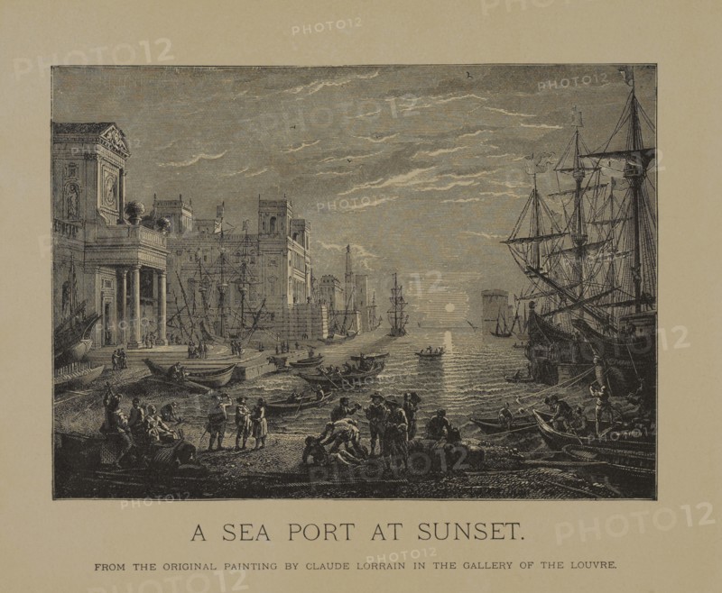 A Sea Port at Sunset, Woodcut Engraving from the Original 1639 Painting by Claude Lorrain, The Masterpieces of French Art by Louis Viardot, Published by Gravure Goupil et Cie, Paris, 1882, Gebbie & Co., Philadelphia, 1883