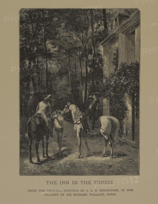 The Inn in the Forest, Woodcut Engraving from the Original Painting by Jean-Louis Ernest Meissonier, The Masterpieces of French Art by Louis Viardot, Published by Gravure Goupil et Cie, Paris, 1882, Gebbie & Co., Philadelphia, 1883