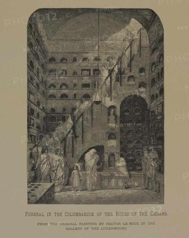 Funeral in the Columbarium of the House of the Caesars, Woodcut Engraving by Roland Brunier from the Original 1864 Painting by Hector Le Roux, The Masterpieces of French Art by Louis Viardot, Published by Gravure Goupil et Cie, Paris, 1882, Gebbie & Co., Philadelphia, 1883