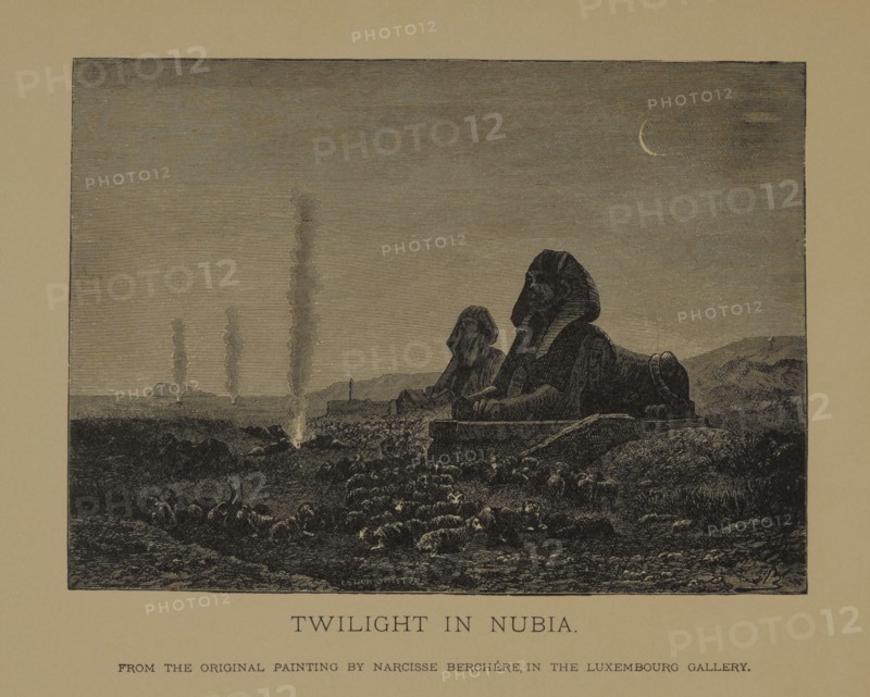 Twilight in Nubia, Woodcut Engraving from the Original 1864 Painting by Narcisse Berchère, The Masterpieces of French Art by Louis Viardot, Published by Gravure Goupil et Cie, Paris, 1882, Gebbie & Co., Philadelphia, 1883