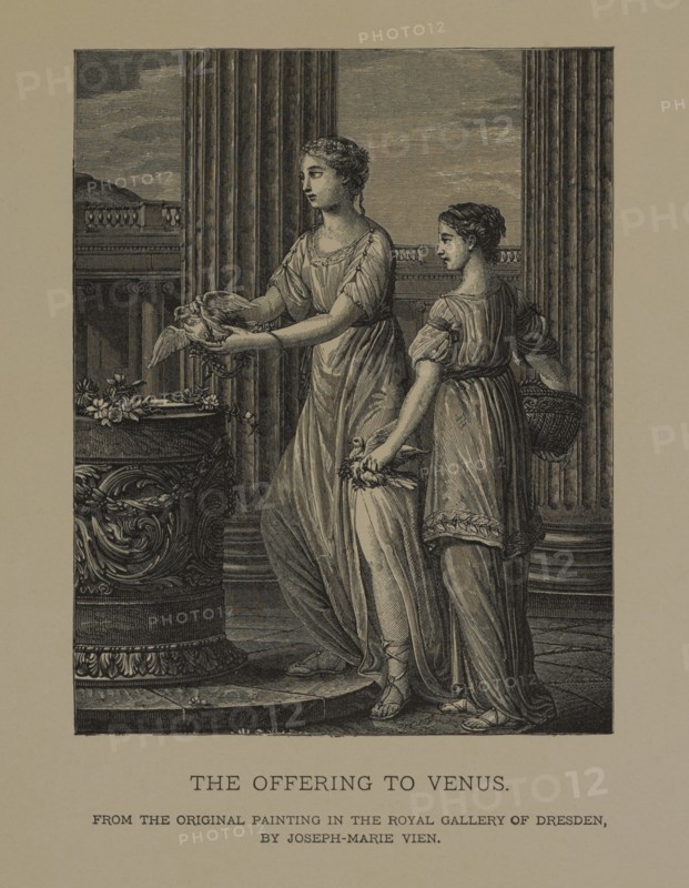 The Offering to Venus, Woodcut Engraving from the Original 1763 Painting by Joseph-Marie Vien, The Masterpieces of French Art by Louis Viardot, Published by Gravure Goupil et Cie, Paris, 1882, Gebbie & Co., Philadelphia, 1883