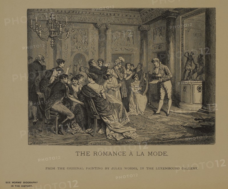 The Romance A La Mode, Woodcut Engraving from the Original 1868 Painting by Jules Worms, The Masterpieces of French Art by Louis Viardot, Published by Gravure Goupil et Cie, Paris, 1882, Gebbie & Co., Philadelphia, 1883