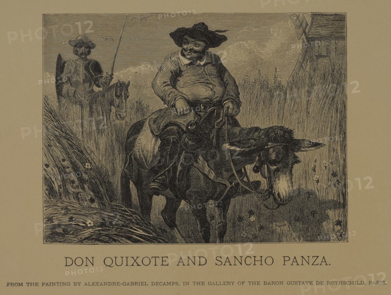 Don Quixote and Sancho Panza, Woodcut Engraving from the Original Painting by Alexandre-Gabriel Decamps, The Masterpieces of French Art by Louis Viardot, Published by Gravure Goupil et Cie, Paris, 1882, Gebbie & Co., Philadelphia, 1883