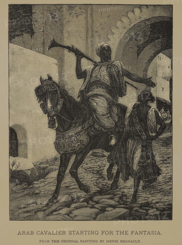 Arab Cavalier Starting for the Fantasia, Woodcut Engraving from the Original Painting by Henri Regnault, The Masterpieces of French Art by Louis Viardot, Published by Gravure Goupil et Cie, Paris, 1882, Gebbie & Co., Philadelphia, 1883