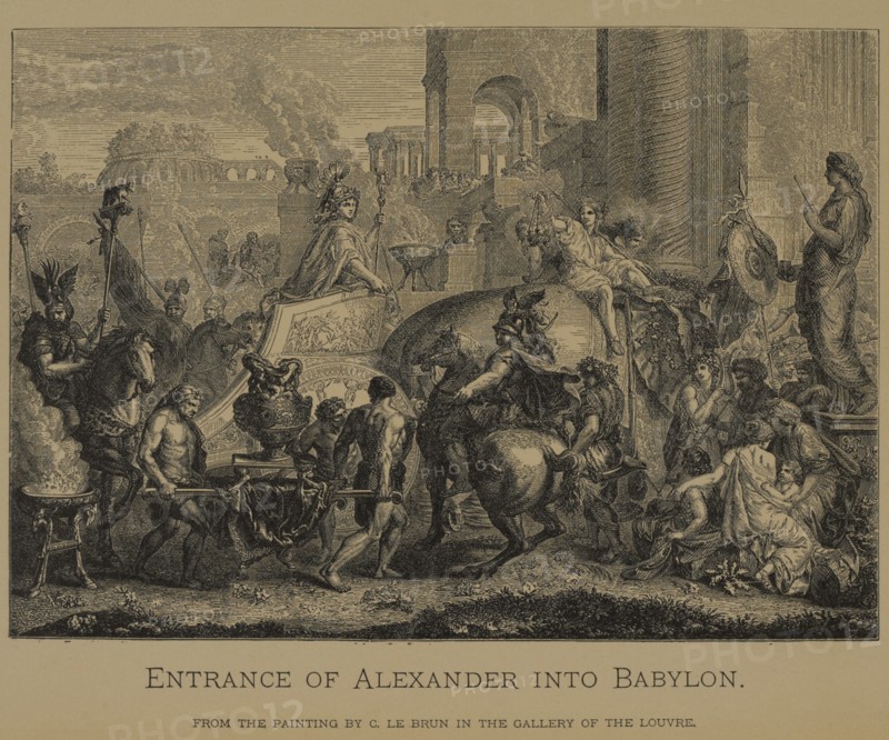 Entrance of Alexander into Babylon, Woodcut Engraving from the Original 1665 Painting by Charles Le Brun, The Masterpieces of French Art by Louis Viardot, Published by Gravure Goupil et Cie, Paris, 1882, Gebbie & Co., Philadelphia, 1883