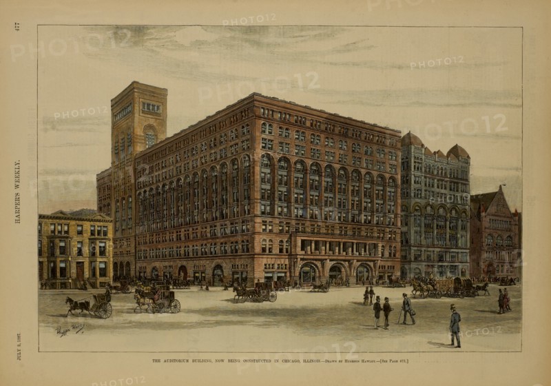 The Auditorium Building now Being Constructed in Chicago, Illinois, Drawn by Hughson Hawley, Harper's Weekly, July 2, 1887