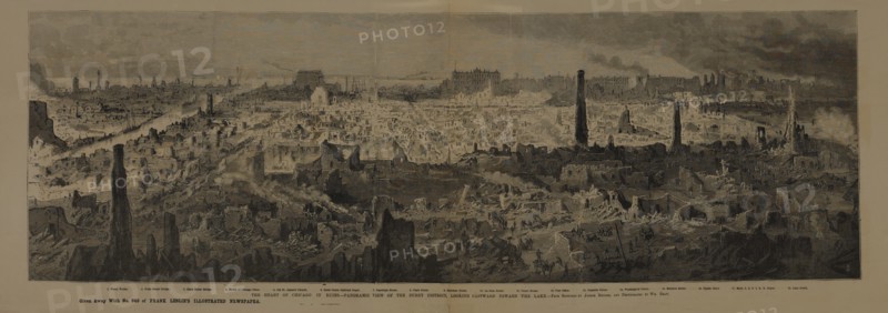 The Heart of Chicago in Ruins, Panoramic View of the Burnt District Looking Eastward Toward the Lake, from Sketches by Joseph Becker, and Photographs by Wm. Shaw, 1871