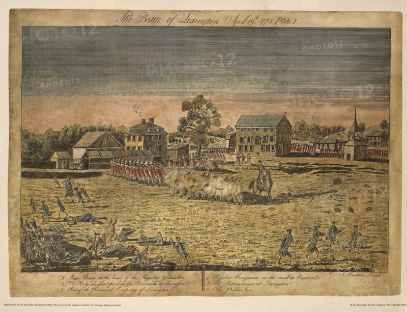 The Battle of Lexington, April 19th, 1775, Plate I, by Ralph Earl, 1775, Hand-Colored Etching and Engraving by Amos Doolittle, Printed by R. R. Donnelley & Sons Company