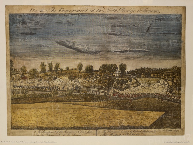 The Engagement of the North Bridge in Concord, Plate III, by Ralph Earl, 1775, Hand-Colored Etching and Engraving by Amos Doolittle, Printed by R. R. Donnelley & Sons Company