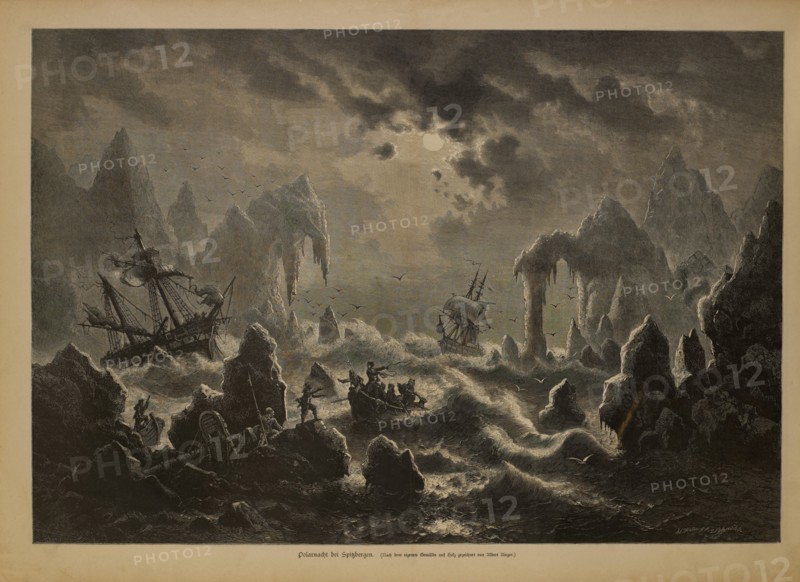 Polar Night at Spitsbergen (Polarnacht bei Spitzbergen), Woodcut Engraving after the Original painting by Albert Rieger, Um die Welt Newspaper, Germany, July 1882