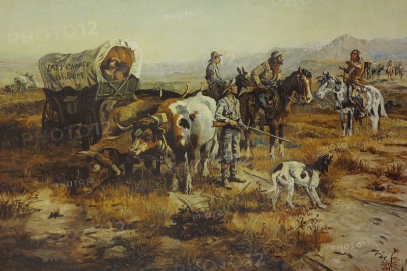 Last Chance or Bust, Wagon Train Confronted by Native Americans, Western Frontier, 1870