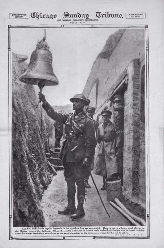 Officer Ringing Alarm Bell in Trench, Florina Front Line, Balkans, WWI, Chicago Sunday Tribune, August 26, 1917
