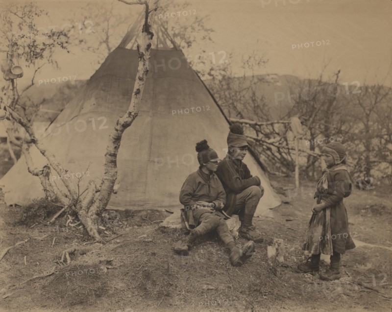 Portrait of Three Lapp Children near Tent, Palnoviken, Sweden, 1910