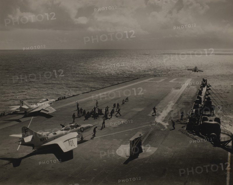 U.S. Navy Grumman F9F-8 Cougar Fighter Aircraft of Attack Squadron 44 (VA-44) being Launched from USS Saratoga during its Shakedown Cruise, Caribbean Sea, September 3, 1956