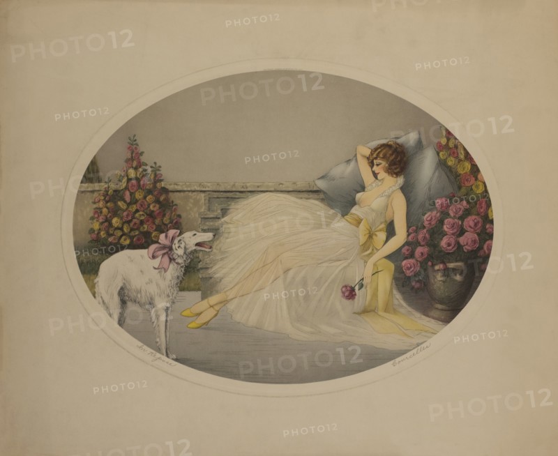In Repose, Reclining Woman with Borzoi Dog, by Corcelles, Printed by Morris & Bendien, NY, 1920's