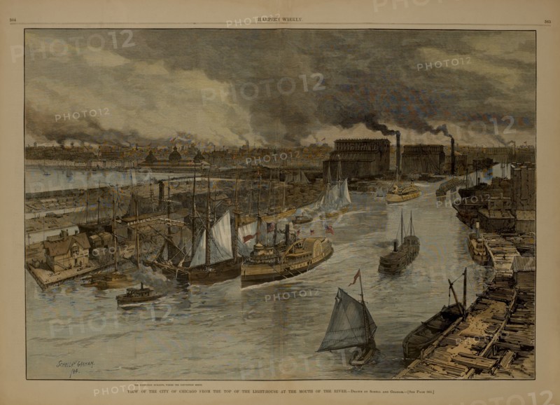 View of the City of Chicago from the top of the Light-House at the Mouth of the River, Drawn by Schell and Graham, Harper's Weekly, June 7, 1884