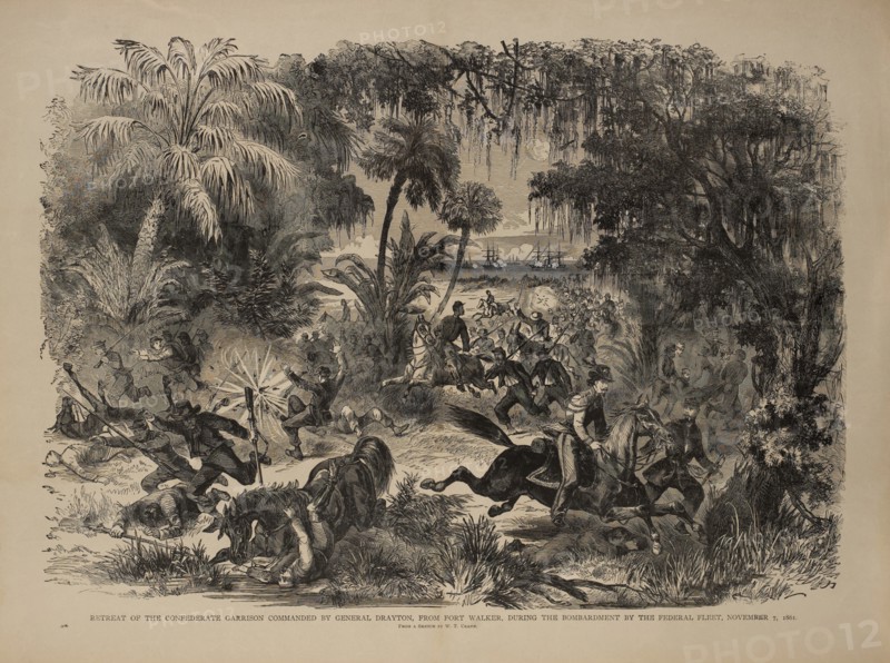 Retreat of the Confederate Garrison Commanded by General Drayton, From Fort Walker, during the Bombardment by the Federal Fleet, November 7, 1861, from a sketch by W.T. Crane