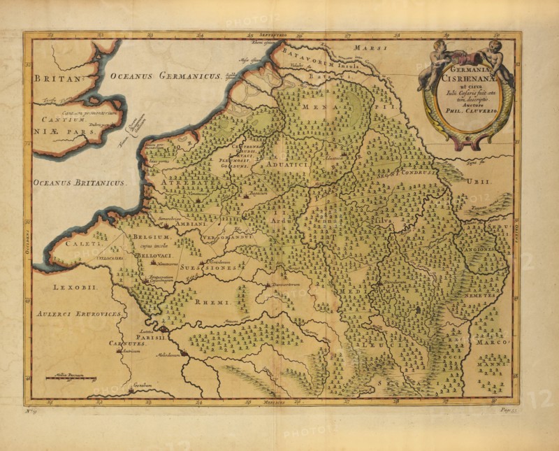 Germaniae Cisrhenanae ut Circa Julii Caesaris Suit Aetatem, Descriptio, Map of German Empire to West of the Rhine River, into Belgium and France, during the time of Julius Caesar, by German Geographer Philipp Clüver, Published in Germaniae Antiquae Libri Tres, 1631