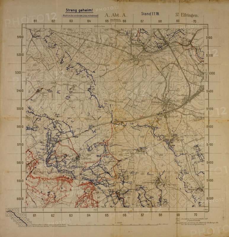 Top Secret World War I Map of Northeastern France near German Border Showing German Military Positions, January 1, 1918