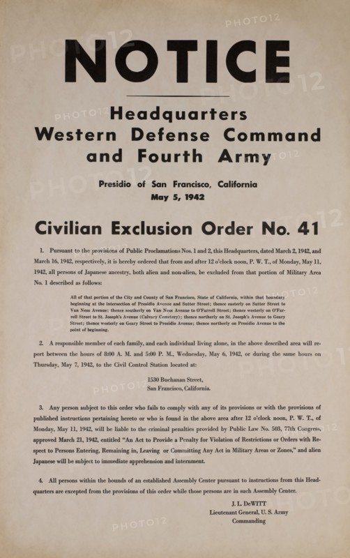 Civilian Exclusion order #41, Part I, Directing Removal by May 11 of Persons of Japanese Ancestry, 1530 Buchanan Street, San Francisco, California, USA, May 1942