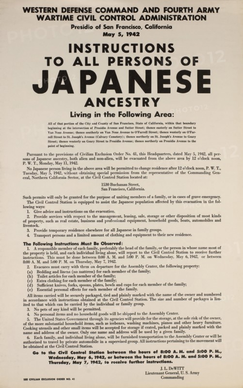 Civilian Exclusion order #41, Part II, Directing Removal by May 11 of Persons of Japanese Ancestry, 1530 Buchanan Street, San Francisco, California, USA, May 1942