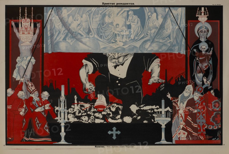 Anti-Religion Propaganda Poster, "Christ is Born", Bezbozhnik u Stanka Magazine, Illustration by Dmitry Moor, Russia, 1920's
