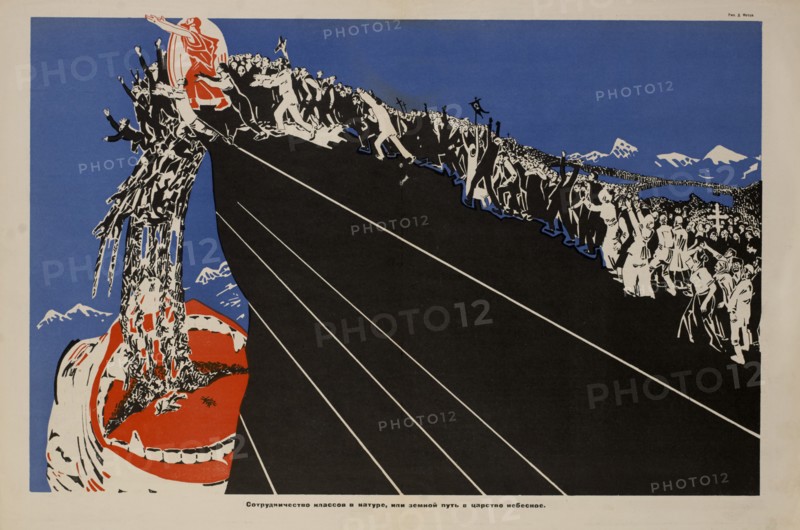 Anti-Religion Propaganda Poster, Bezbozhnik u Stanka Magazine, Illustration by Dmitry Moor, Russia, 1925
