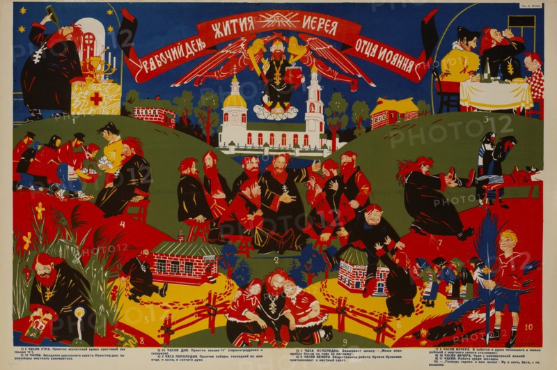 Anti-Religion Propaganda Poster, "A Day in the Life of a Priest", Bezbozhnik u Stanka Magazine, Illustration by Dmitry Moor, Russia, 1920's