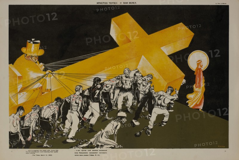 Anti-Religion Propaganda Poster, Bezbozhnik u Stanka Magazine, Illustration by Dmitry Moor, Russia, 1925