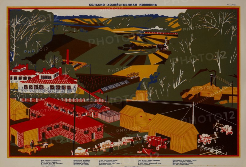 Soviet Propaganda Poster, Agricultural Commune, Bezbozhnik u Stanka Magazine, Illustration by Dmitry Moor, Russia, 1920's