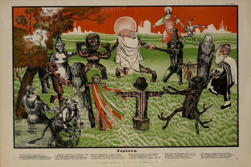 Anti-Religion Propaganda Poster, Bezbozhnik u Stanka Magazine, Illustration by Dmitry Moor, Russia, 1924