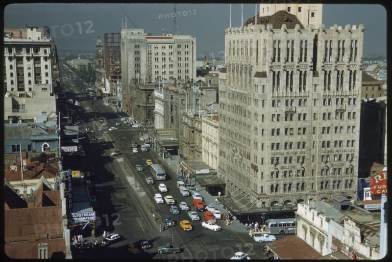 High Angle View of Street Scene, King William Street and Colonial Mutual Life Building, Adelaide, Australia, 1960