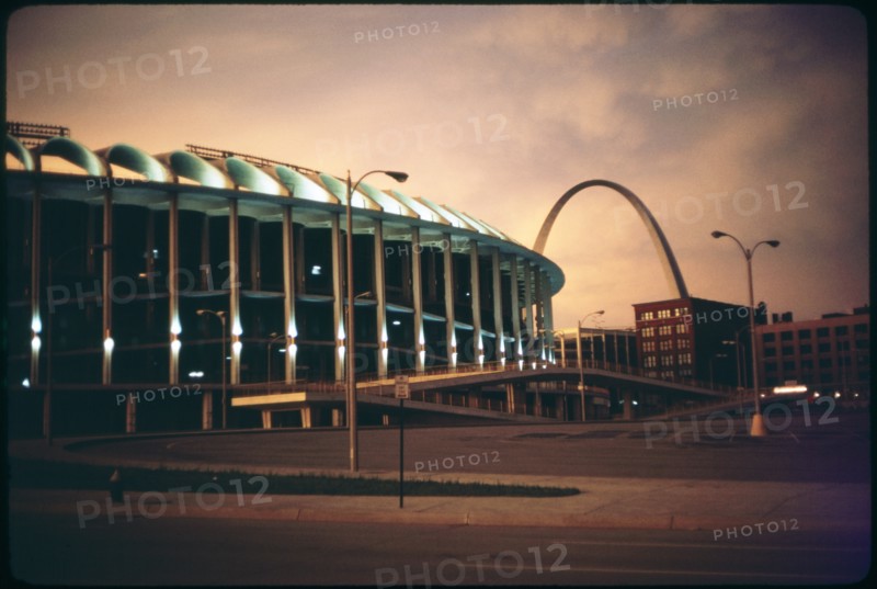 Busch Stadium and Arch at Sunset, Saint Louis, Missouri, USA, 1967