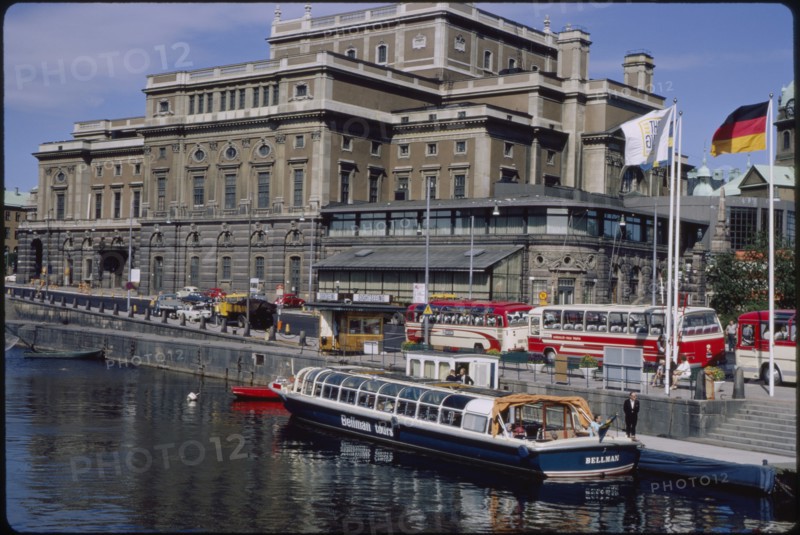 Royal Swedish Opera House and Tour Boat on Norrström River, Stockholm, Sweden, 1966