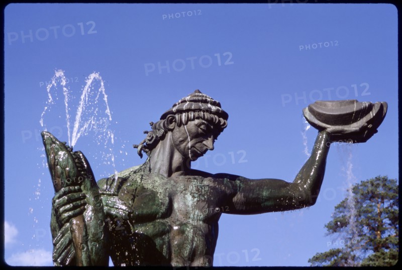Poseidon Sculpture and Water Fountain against Blue Sky, Lower Terrace of Sculpture Park, Millsgarden, Lidingö, Sweden, 1966