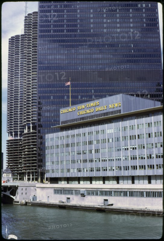 Chicago Sun-Times, Chicago Daily News Building with Marina Towers in Background along Chicago River, Chicago, Illinois, USA, 1972