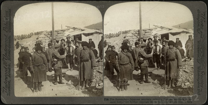 The Surrender-Japanese Sentinels Relieving Russian Sentinels in an outer fort, Port Arthur, Stereo Card, Underwood & Underwood, 1905
