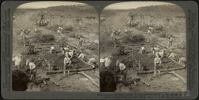 Japanese building a bridge of poles across a stream for the passage of troops in Manchuria, Stereo Card, Underwood & Underwood, 1906