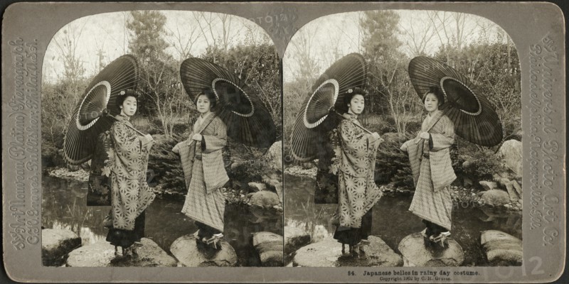 Japanese belles in Rainy Day Costume, Stereo Card, C.H. Graves, Universal Photo Art, 1902